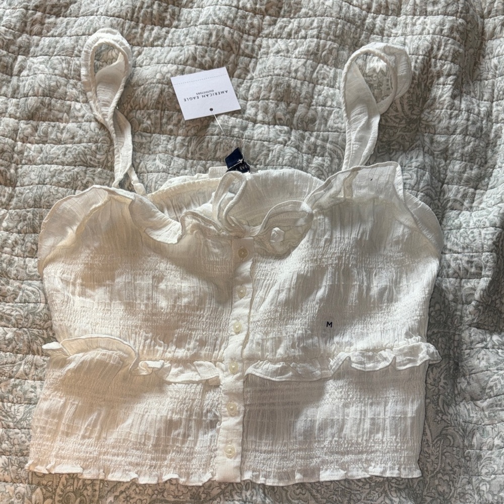 White Ruffled Button-Up Crop Top